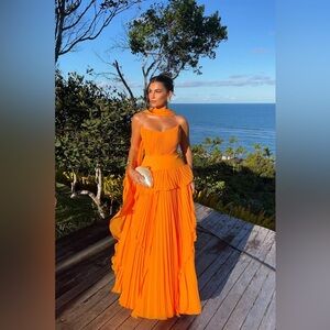 ORANGE STRAPLESS SLEEVELESS CHIFFON PROM DRESS A-LINE WITH ZIPPER PLEATS